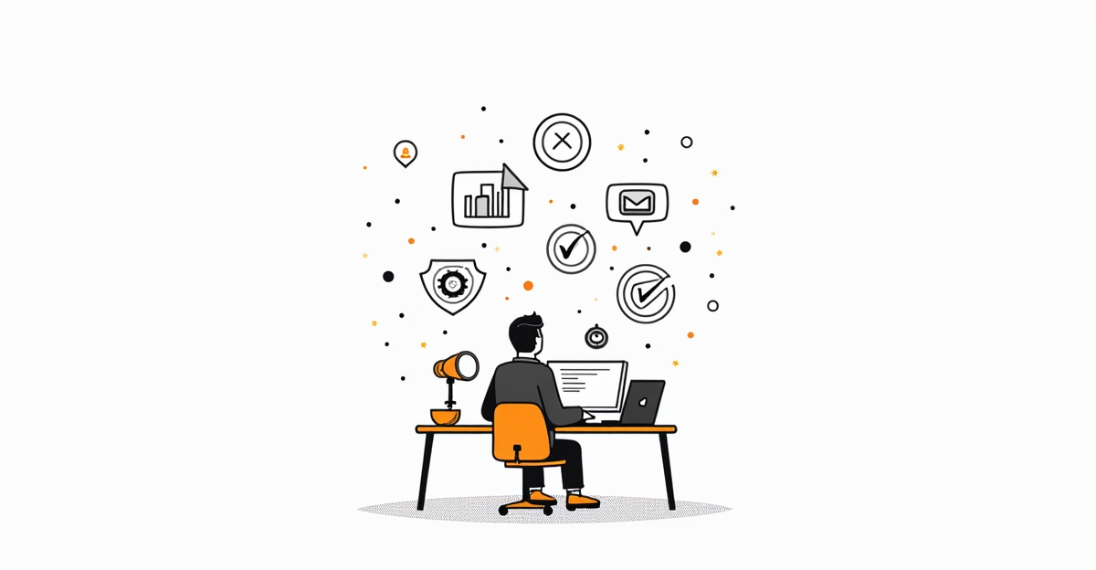 Solo developer at desk with laptop surrounded by testing tools and bug detection icons in minimal doodle style