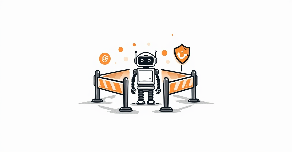 AI guardrails concept showing protective barriers around an AI system with shield icons and safety warnings