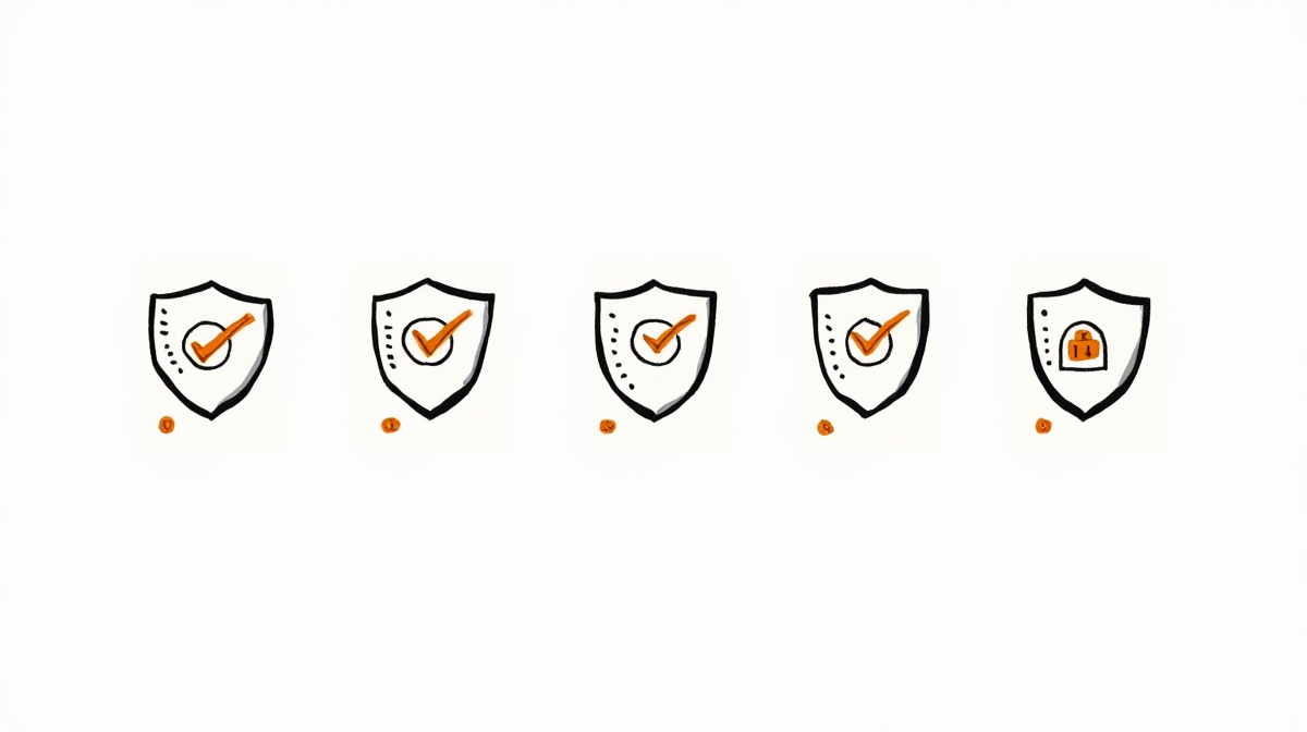 Five essential AI guardrails represented as numbered shield icons with security checkmarks