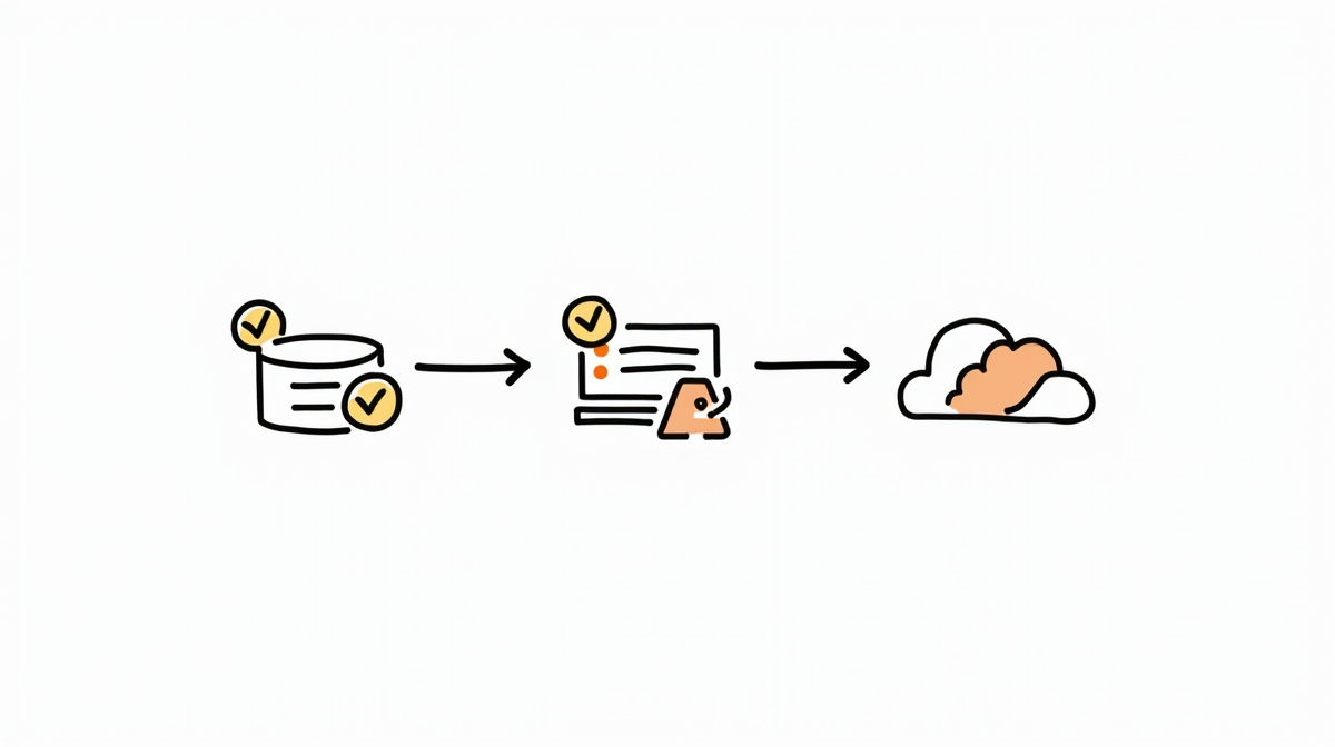 CI CD testing pipeline flowchart showing code commit through automated tests to deployment in minimal doodle style