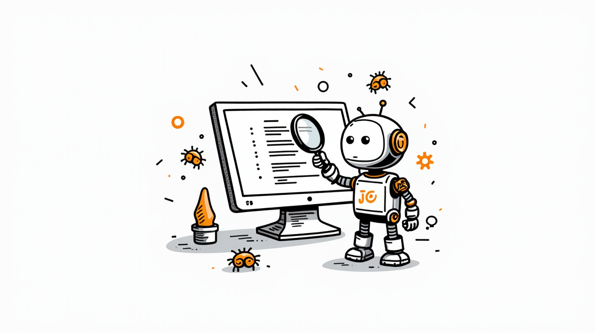 AI robot with magnifying glass inspecting code and catching bugs in minimal doodle illustration style