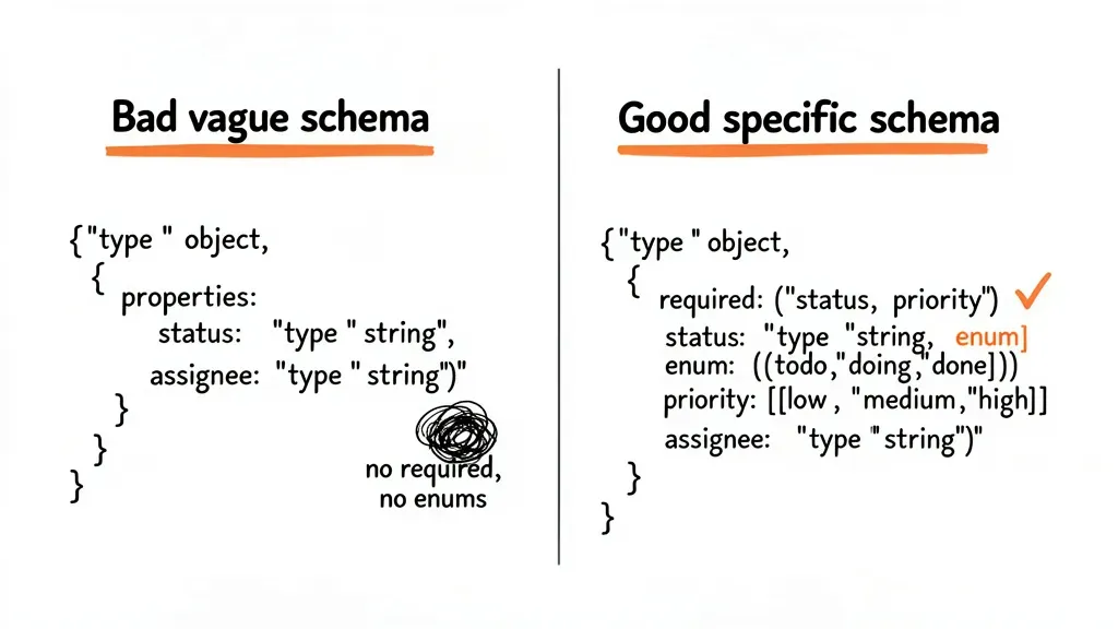 Tool schema design showing good vs bad JSON Schema examples with orange highlights
