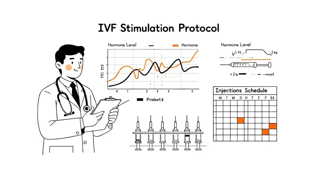 IVF stimulation protocol chart showing hormone level tracking and injection schedule calendar