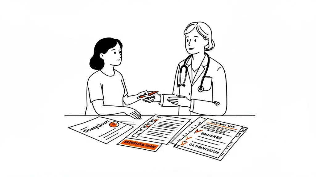 Fertility specialist consultation with patient, insurance benefit verification checklist and prior authorization forms
