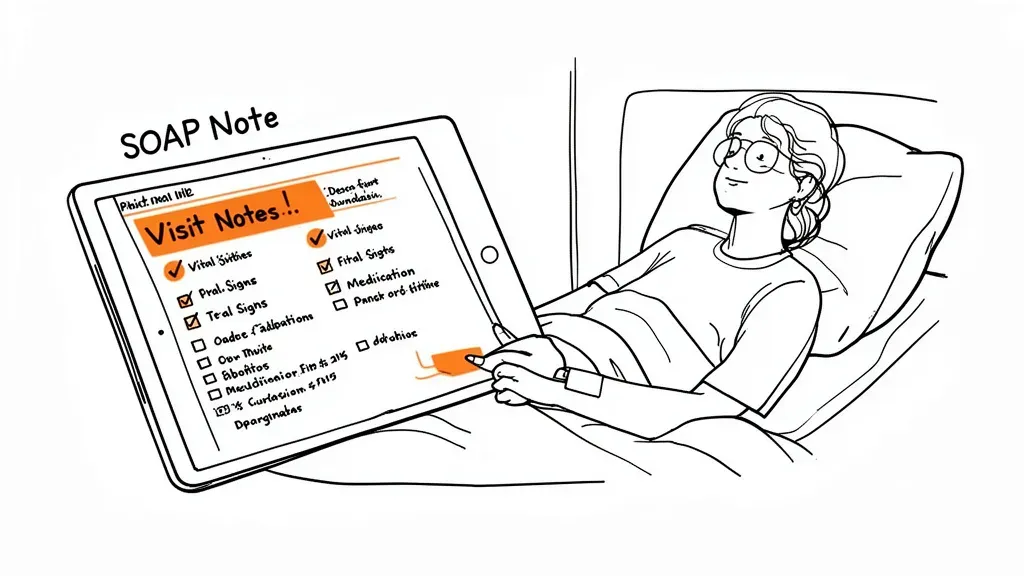 SOAP note documentation on tablet at patient bedside with vital signs and medication checklist
