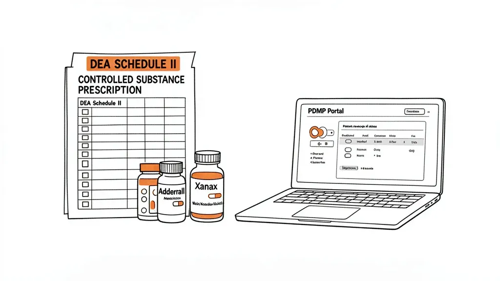 DEA controlled substance prescription log with Schedule II medication bottles and PDMP portal on laptop screen