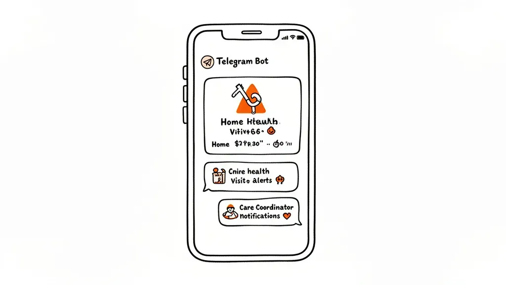 Telegram bot on phone showing home health visit alerts and care coordinator notifications