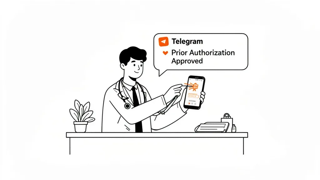 Pediatric clinic staff receiving prior authorization approval notification via Telegram bot