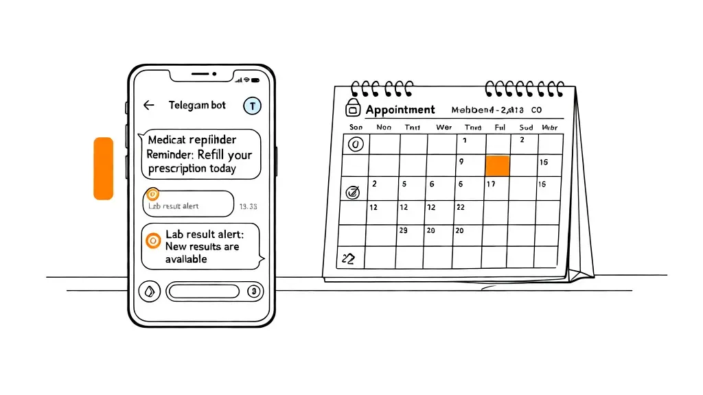 Smartphone showing Telegram bot with medication refill reminder and lab result alert notifications for psychiatry practice