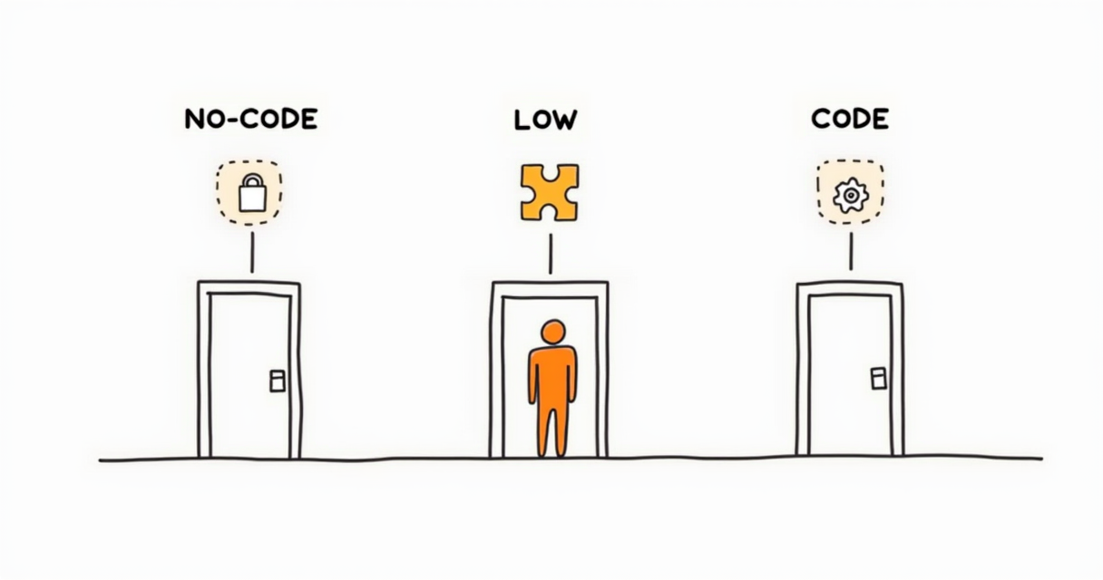 Three paths labeled No-Code Low-Code and Code with person choosing between them