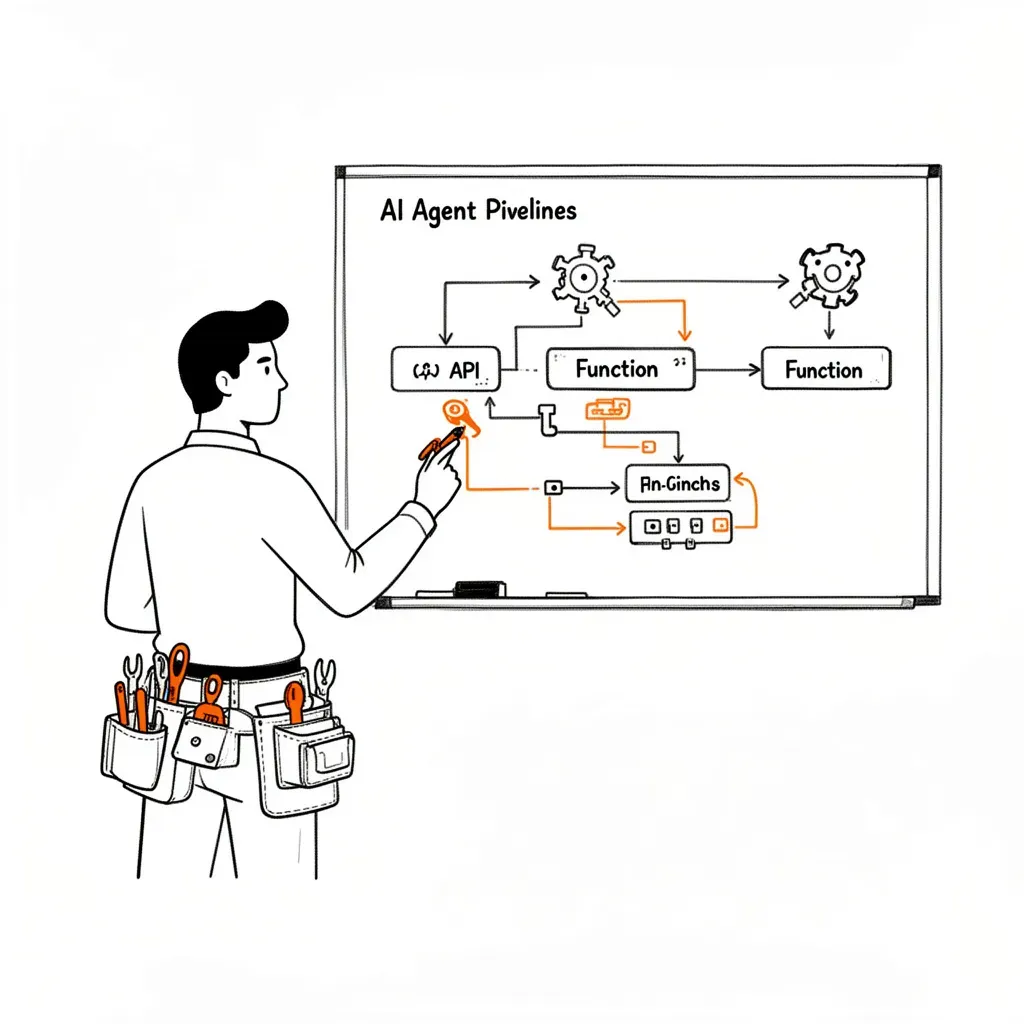 LLM tool calling flow diagram — developer building function-calling AI agent with tool belt of API connectors and function blocks