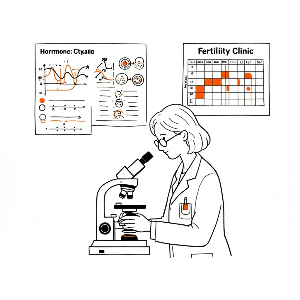 Fertility clinic embryologist working at microscope with hormone charts and IVF cycle calendar, doodle illustration