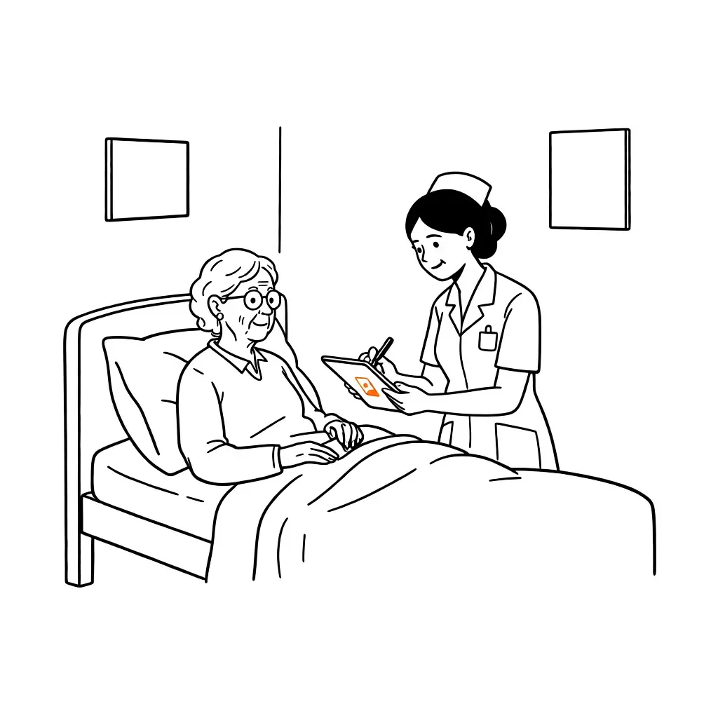 Home health nurse writing visit notes on tablet at patient bedside, doodle illustration