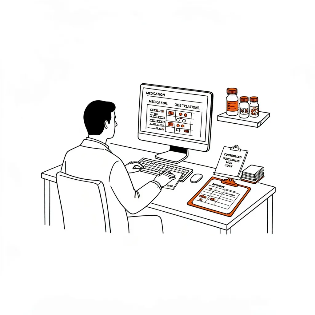 Psychiatrist reviewing medication chart at desk with controlled substance log and AI interface — Castor offline AI for psychiatry practice